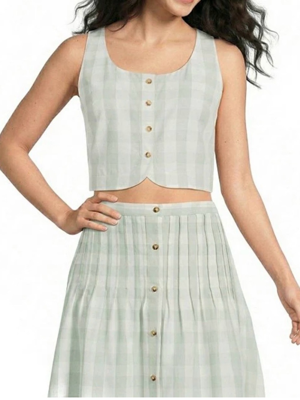 Sleeveless Mint Check Button-Front Crop Top and gingham skirt